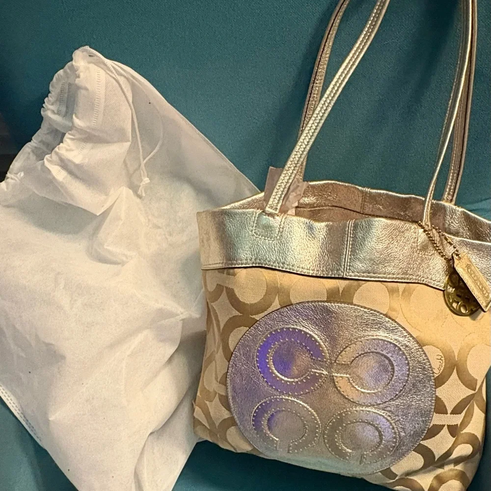 Coach 15013 Julia Op Art Metallic Gold Logo Jacquard & Leather Shoulder Tote Bag